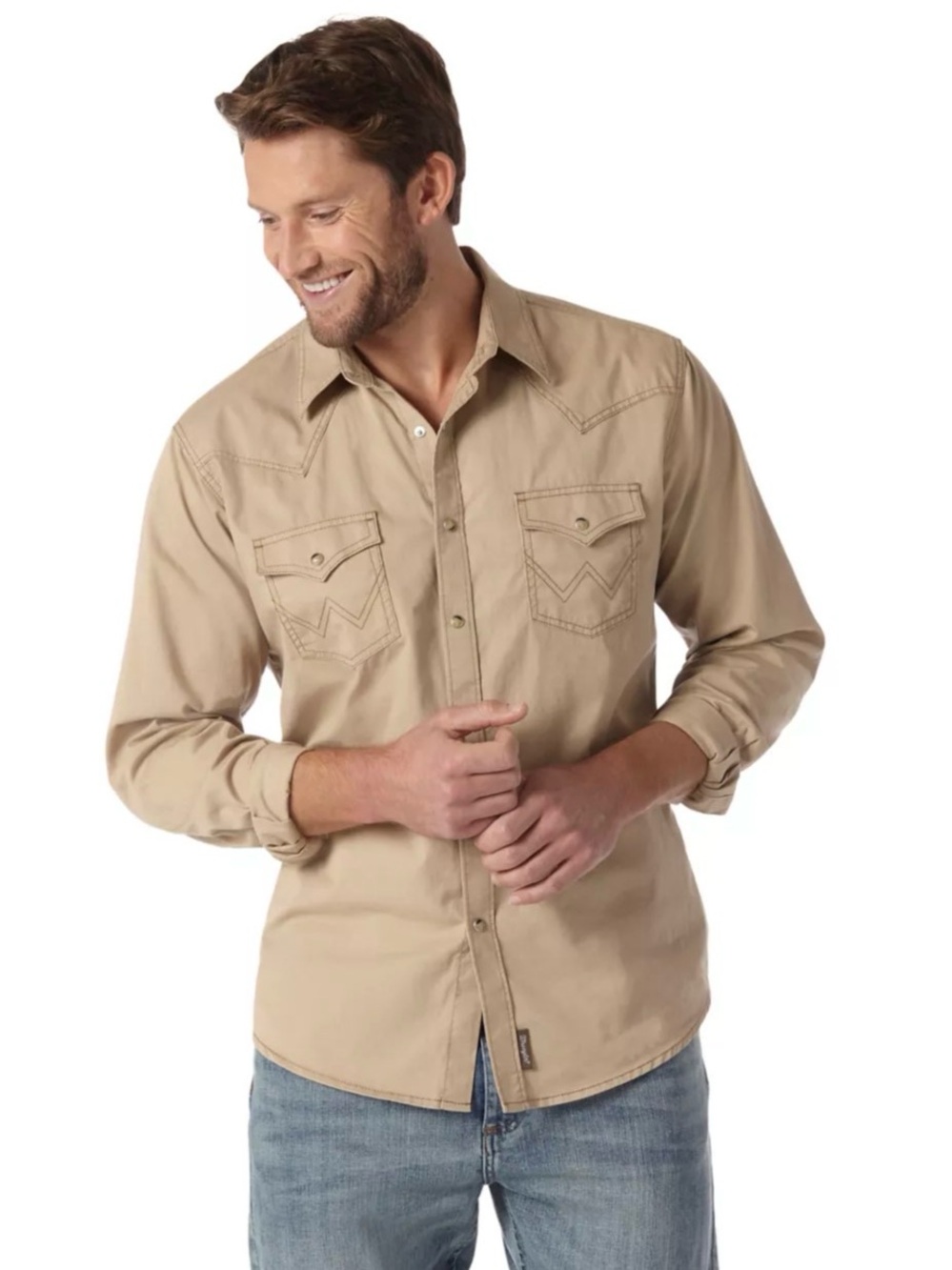 Wrangler Men's Retro Premium Western Long-Sleeve Button-Down Tan Shirt size Larg